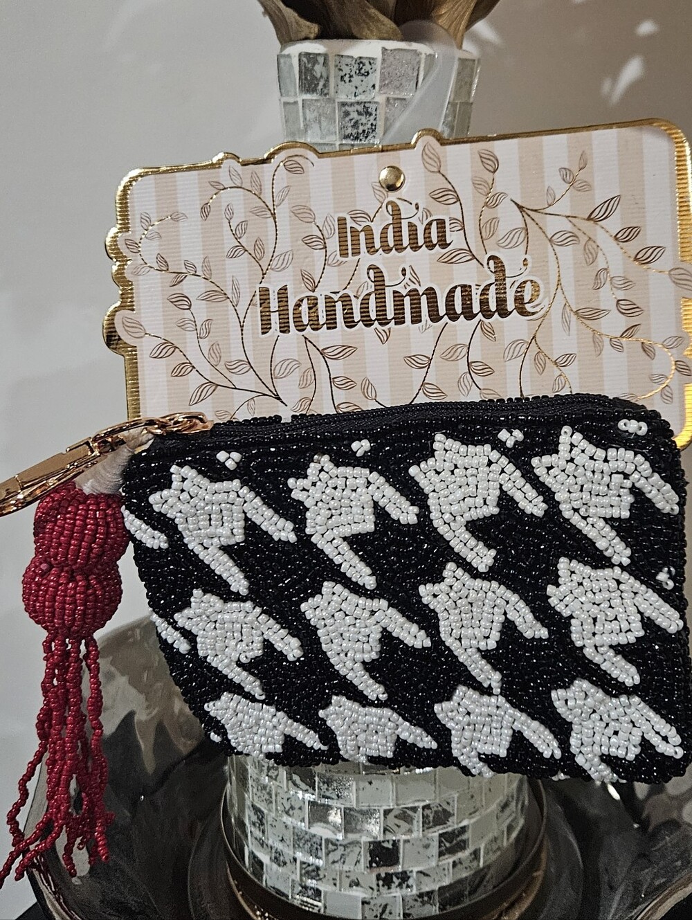 Beaded Pouch with Red Tassel & Bag Clip, Handmade In India, NEW - GIFTABLE!